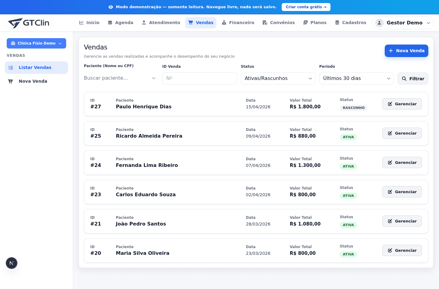 Listagem de vendas com pacotes, créditos e parcelas